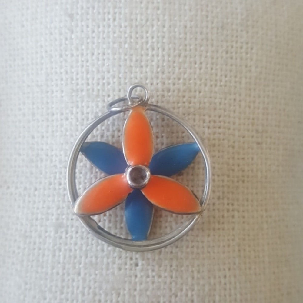 Hawaiian flower sterling silver pendant handmade eclectic jewelry enameled